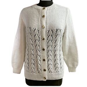 Handcrafted White Lace Knit Cardigan Button Front Cottagecore Heirloom Vintage